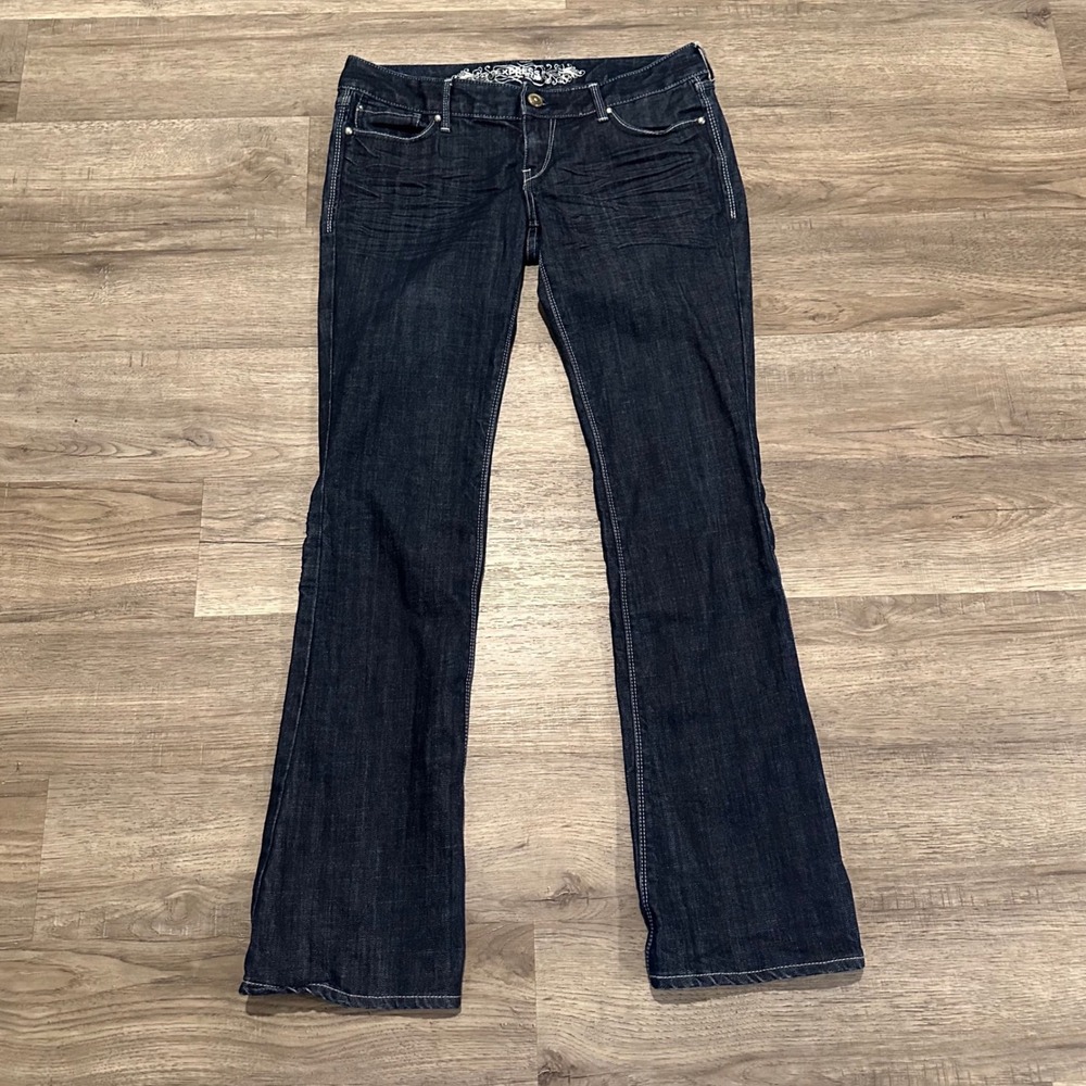 Express Zelda Barely Boot Jeans Dark Wash Ultra Low Rise Slim Fit Size 8r Y2K
